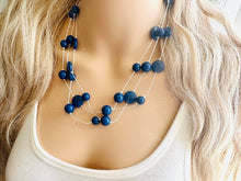 Load image into Gallery viewer, Dark Blue &amp; Silver Chunky Statement Jewelry Set, Big beaded vintage, Triple Strand Illusion Statement Necklace, Bib blue bridesmaid wedding