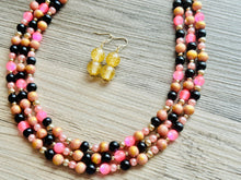 Load image into Gallery viewer, Pink Black &amp; Gold Statement Necklace, 3 Strand Beaded Jewelry, black and gold jewelry, bridsmaid wedding necklace, blush hot pink necklace