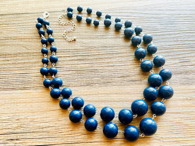 Navy Blue Statement Necklace, Chunky Jewelry Big Beaded Double Strand Necklace, Dark Blue Necklace, Blue Jewelry Set, cobalt silver Beaded