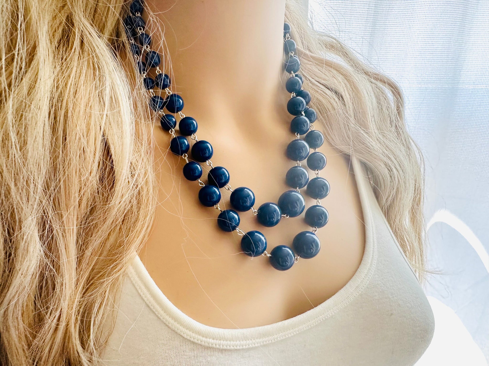 Navy Blue Beaded Necklace, blue Jewelry, Chunky statement necklace, gold blue necklace, retailer navy jewelry, blue statement necklace