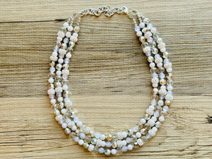 Winter & Summer Chunky Statement Necklace, Big beaded jewelry, White Silver 3 Strand Statement Necklace, Bib necklace beaded resin cream