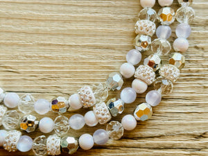 Winter & Summer Chunky Statement Necklace, Big beaded jewelry, White Silver 3 Strand Statement Necklace, Bib necklace beaded resin cream