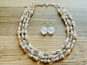 Winter & Summer Chunky Statement Necklace, Big beaded jewelry, White Silver 3 Strand Statement Necklace, Bib necklace beaded resin cream