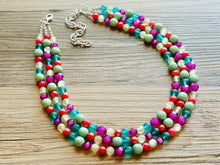 Load image into Gallery viewer, Malibu Hot Pink Statement Necklace, Chunky 3 Strand Jewelry, summer necklace, purple necklace, light green blush pink bib necklace
