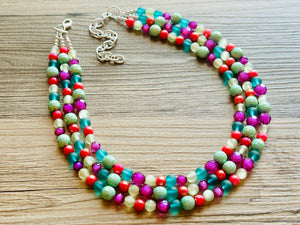 Malibu Hot Pink Statement Necklace, Chunky 3 Strand Jewelry, summer necklace, purple necklace, light green blush pink bib necklace