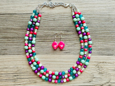 Malibu Hot Pink Statement Necklace, Chunky 3 Strand Jewelry, summer necklace, purple necklace, light green blush pink bib necklace