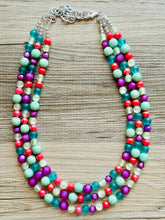 Load image into Gallery viewer, Malibu Hot Pink Statement Necklace, Chunky 3 Strand Jewelry, summer necklace, purple necklace, light green blush pink bib necklace