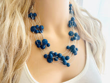 Load image into Gallery viewer, Dark Blue &amp; Silver Chunky Statement Jewelry Set, Big beaded vintage, 6 Strand Illusion Statement Necklace, Bib blue bridesmaid wedding