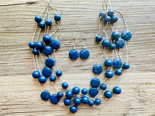 Load image into Gallery viewer, Dark Blue &amp; Silver Chunky Statement Jewelry Set, Big beaded vintage, 6 Strand Illusion Statement Necklace, Bib blue bridesmaid wedding