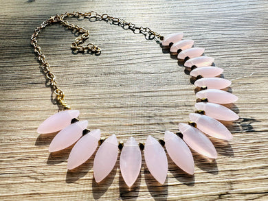 Blush Pink Natural Gemstone Necklace, single strand jewelry, big beaded chunky geometric statement necklace, gold spiky glass beaded collar