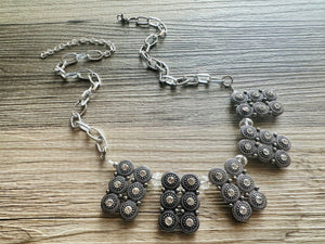 Rhinestone Statement Necklace, Gunmetal chunky necklace, statement jewelry, gemstone necklace, beaded gray rhinestone champagne geometric