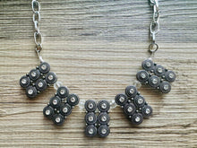 Load image into Gallery viewer, Rhinestone Statement Necklace, Gunmetal chunky necklace, statement jewelry, gemstone necklace, beaded gray rhinestone champagne geometric