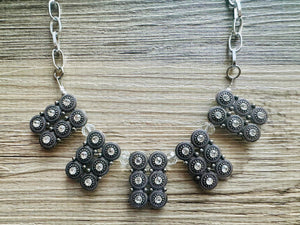 Rhinestone Statement Necklace, Gunmetal chunky necklace, statement jewelry, gemstone necklace, beaded gray rhinestone champagne geometric