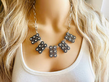 Load image into Gallery viewer, Rhinestone Statement Necklace, Gunmetal chunky necklace, statement jewelry, gemstone necklace, beaded gray rhinestone champagne geometric