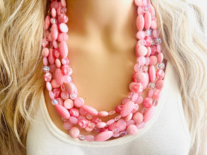 Sweetheart Chunky Pink Statement Necklace, multi strand bright jewelry, chunky statement necklace, hot pink necklace, blush pink necklace