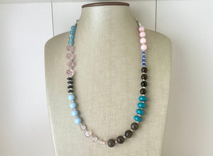 Blue & Blush Statement Necklace Jewelry Set, Chunky Jewelry Big Beaded Single Strand Necklace, blue Necklace, pink earrings