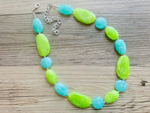 Load image into Gallery viewer, Long Green Clementine Statement Necklace, Chunky Beaded Necklace Jewelry, long bead necklace, earrings creamy geometric light lime mint