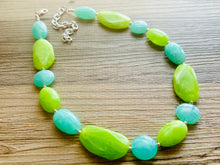 Load image into Gallery viewer, Long Green Clementine Statement Necklace, Chunky Beaded Necklace Jewelry, long bead necklace, earrings creamy geometric light lime mint