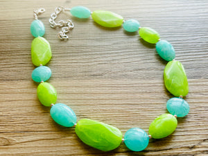 Long Green Clementine Statement Necklace, Chunky Beaded Necklace Jewelry, long bead necklace, earrings creamy geometric light lime mint