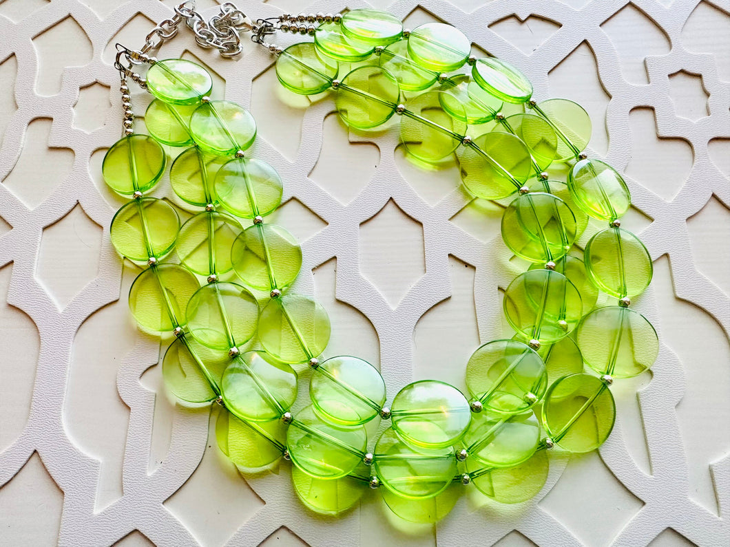 Big Bead Lime Necklace, 3 Strand Statement Jewelry, light green Chunky bib bridesmaid everyday bubble jewelry evergreen earrings