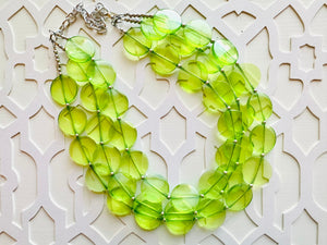 Big Bead Lime Necklace, 3 Strand Statement Jewelry, light green Chunky bib bridesmaid everyday bubble jewelry evergreen earrings