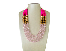 Load image into Gallery viewer, Gold Bubblegum &amp; Blush Diamond Soirée Necklace, Beaded Triple Layer Necklace, bead statement necklace, pink beaded necklace earrings