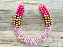 Load image into Gallery viewer, Gold Bubblegum &amp; Blush Diamond Soirée Necklace, Beaded Triple Layer Necklace, bead statement necklace, pink beaded necklace earrings