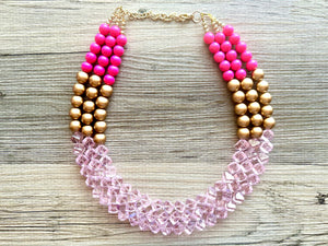 Gold Bubblegum & Blush Diamond Soirée Necklace, Beaded Triple Layer Necklace, bead statement necklace, pink beaded necklace earrings