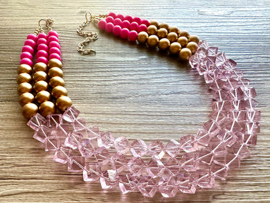 Gold Bubblegum & Blush Diamond Soirée Necklace, Beaded Triple Layer Necklace, bead statement necklace, pink beaded necklace earrings