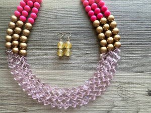 Gold Bubblegum & Blush Diamond Soirée Necklace, Beaded Triple Layer Necklace, bead statement necklace, pink beaded necklace earrings