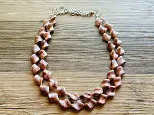 Hot Fudge 2 Strand Statement Necklace, Chunky Brown Twist Beaded Bib Jewelry earrings, brown jewelry set, white resin jewelry neutral