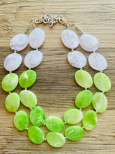 Load image into Gallery viewer, Color Block Double Statement Necklace, Chunky Jewelry Big Beaded Necklace, lime green &amp; white Necklace, bead bubble earrings