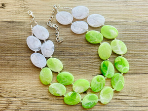 Color Block Double Statement Necklace, Chunky Jewelry Big Beaded Necklace, lime green & white Necklace, bead bubble earrings