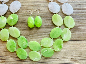 Color Block Double Statement Necklace, Chunky Jewelry Big Beaded Necklace, lime green & white Necklace, bead bubble earrings