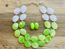Load image into Gallery viewer, Color Block Double Statement Necklace, Chunky Jewelry Big Beaded Necklace, lime green &amp; white Necklace, bead bubble earrings