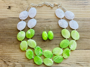 Color Block Double Statement Necklace, Chunky Jewelry Big Beaded Necklace, lime green & white Necklace, bead bubble earrings