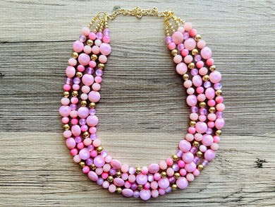 Gold Bubblegum & Blush Diamond Soirée Necklace, Beaded Triple Layer Necklace, bead statement necklace, pink beaded necklace earrings