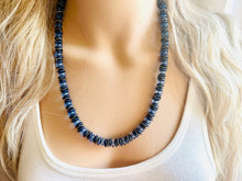 Load image into Gallery viewer, Navy Blue &amp; Periwinkle Single Strand Statement Necklace, Chunky Blue Round Beaded Bib Jewelry, blue jewelry, light layering jewelry silver