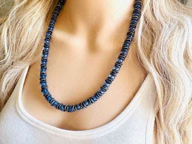 Navy Blue & Periwinkle Single Strand Statement Necklace, Chunky Blue Round Beaded Bib Jewelry, blue jewelry, light layering jewelry silver