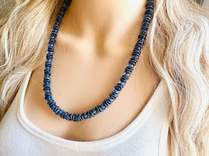 Navy Blue & Periwinkle Single Strand Statement Necklace, Chunky Blue Round Beaded Bib Jewelry, blue jewelry, light layering jewelry silver