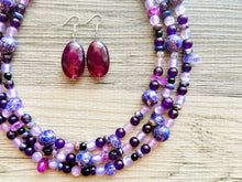 Load image into Gallery viewer, Black &amp; Purple Chunky Statement Necklace, Triple Strand Beaded Jewelry, lilac lavendar eggplant jewelry, bridesmaid wedding, purple necklace