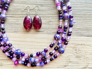 Black & Purple Chunky Statement Necklace, Triple Strand Beaded Jewelry, lilac lavendar eggplant jewelry, bridesmaid wedding, purple necklace