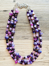Load image into Gallery viewer, Black &amp; Purple Chunky Statement Necklace, Triple Strand Beaded Jewelry, lilac lavendar eggplant jewelry, bridesmaid wedding, purple necklace