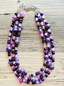 Black & Purple Chunky Statement Necklace, Triple Strand Beaded Jewelry, lilac lavendar eggplant jewelry, bridesmaid wedding, purple necklace