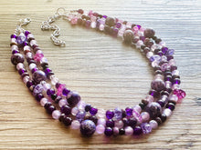 Load image into Gallery viewer, Black &amp; Purple Chunky Statement Necklace, Triple Strand Beaded Jewelry, lilac lavendar eggplant jewelry, bridesmaid wedding, purple necklace