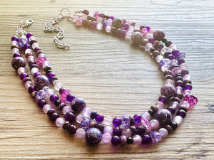 Black & Purple Chunky Statement Necklace, Triple Strand Beaded Jewelry, lilac lavendar eggplant jewelry, bridesmaid wedding, purple necklace