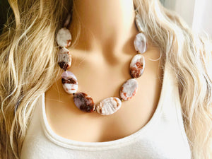 Brown Stripe Polished Botswana Agate GemStone Necklace gold statement necklace jewelry, long beaded statement layering necklace