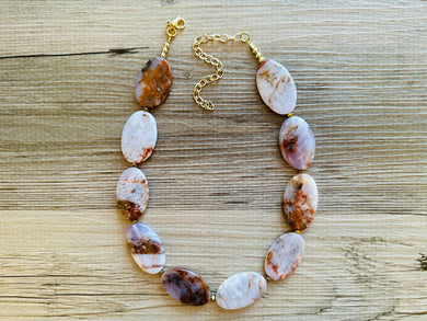 Brown Stripe Polished Botswana Agate GemStone Necklace gold statement necklace jewelry, long beaded statement layering necklace