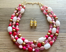 Load image into Gallery viewer, Gold &amp; Hot Pink Party Necklace, Beaded Triple Layer Necklace, bead statement necklace, pink beaded earrings white blush pink