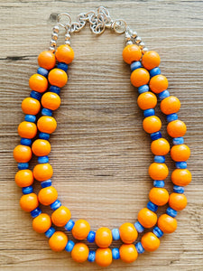 2 Strand Wood Beaded Necklace, blue & orange Jewelry Chunky statement necklace, big beaded necklace jewelry, natural smooth wood geometric